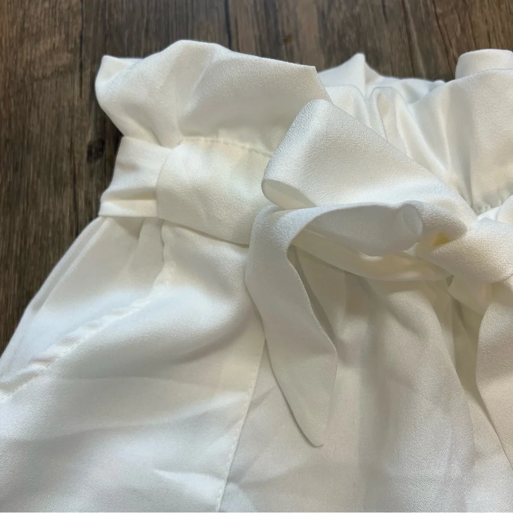 Women’s Elastic Tie Front High Waisted Belted Pants White Pocket Size M